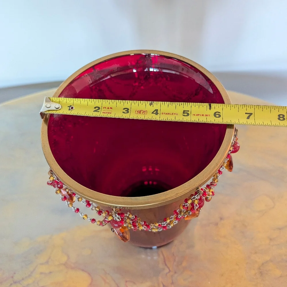 Vintage Exquisite Ruby Satin Glass Dangling Drape Beads Vase Glam Decor Regency